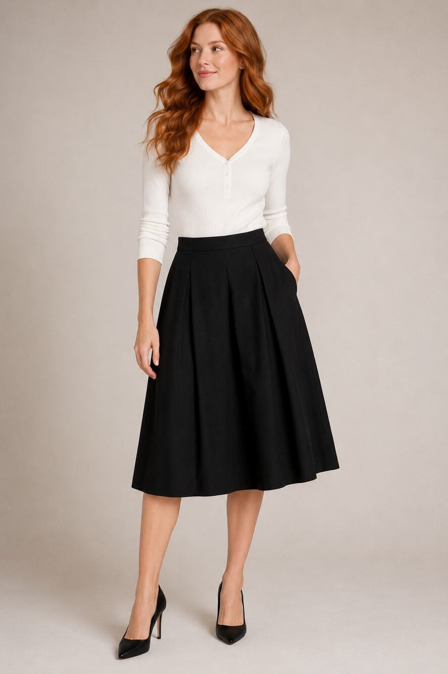 LRR277 Black A Line Midi Skirt Size Small Waist 27 Classic Career Wool